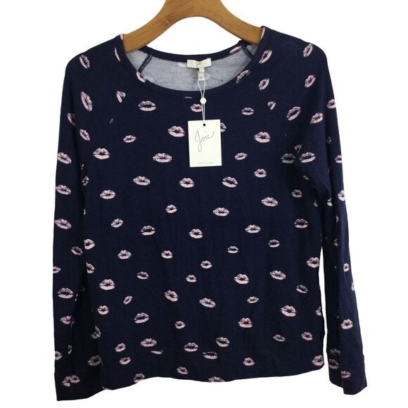 Joie Annora B Lipstick Lips Printed Pullover Sweatshirt Navy Blue Pink S NWT - Picture 1 of 8